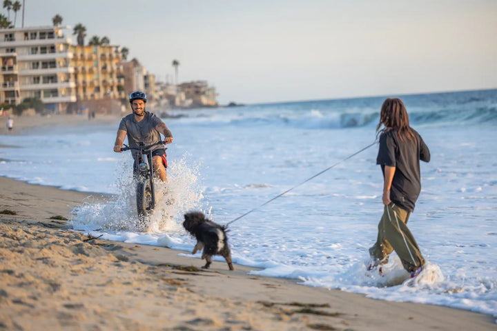 Man riding a bicycle happily playing on the beach