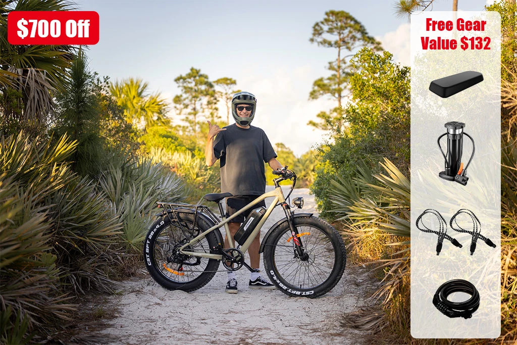 Kingbull Hunter 2.0 Electric bike promotion - Rider showcasing e-bike on beach path with $700 off deal and free gear worth $132 including seat cushion, pump, cord, and lock