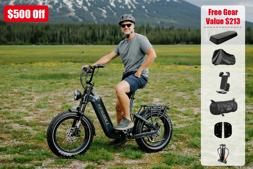 Kingbull Jumper Go Electric bike promotion - Man with e-bike in mountain meadow with $500 off deal and free gear worth $213 including seat cushion, bike cover, phone mount, handlebar bag, fenders, and pump