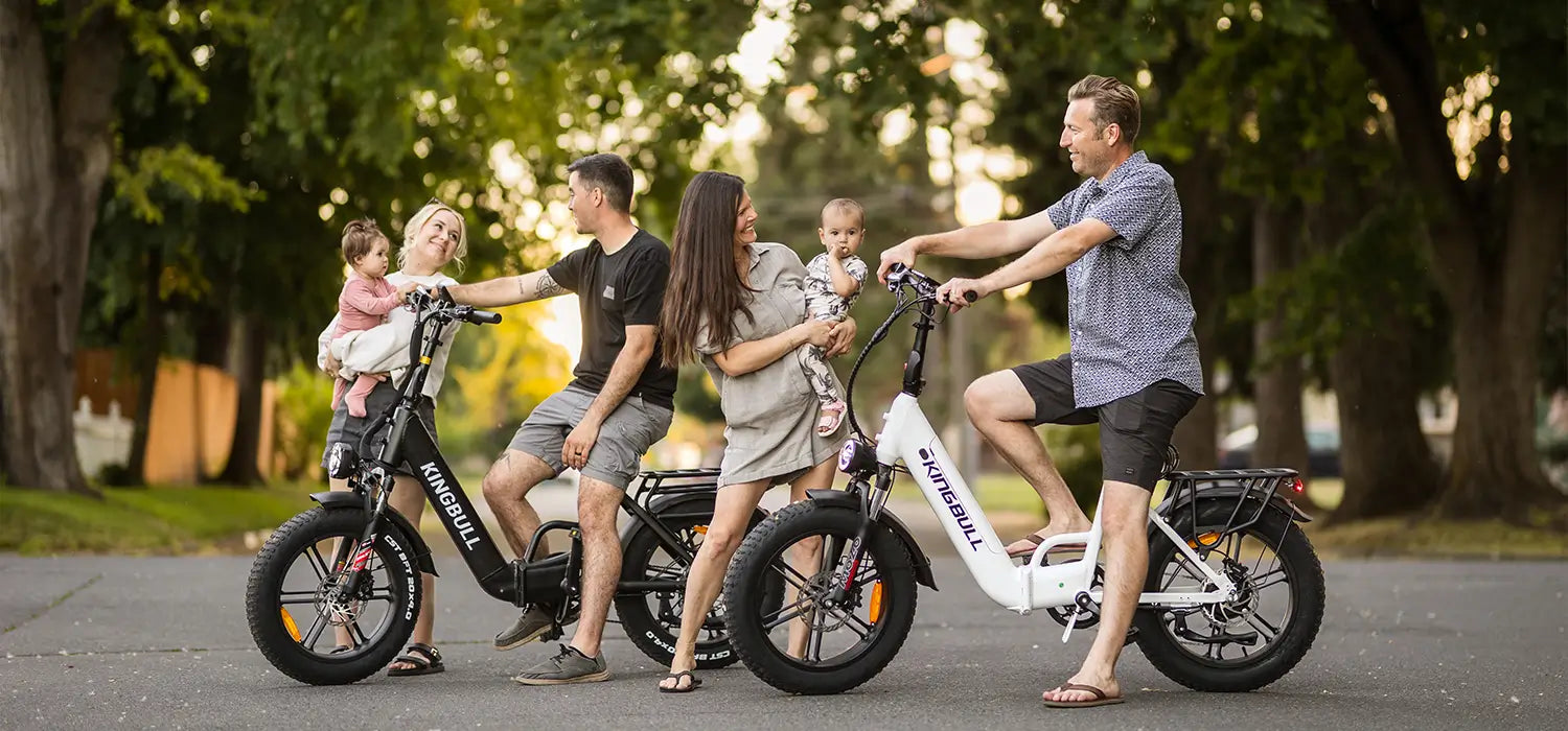 Families with kids enjoying Kingbull Literider 2.0 folding electric bikes outdoors