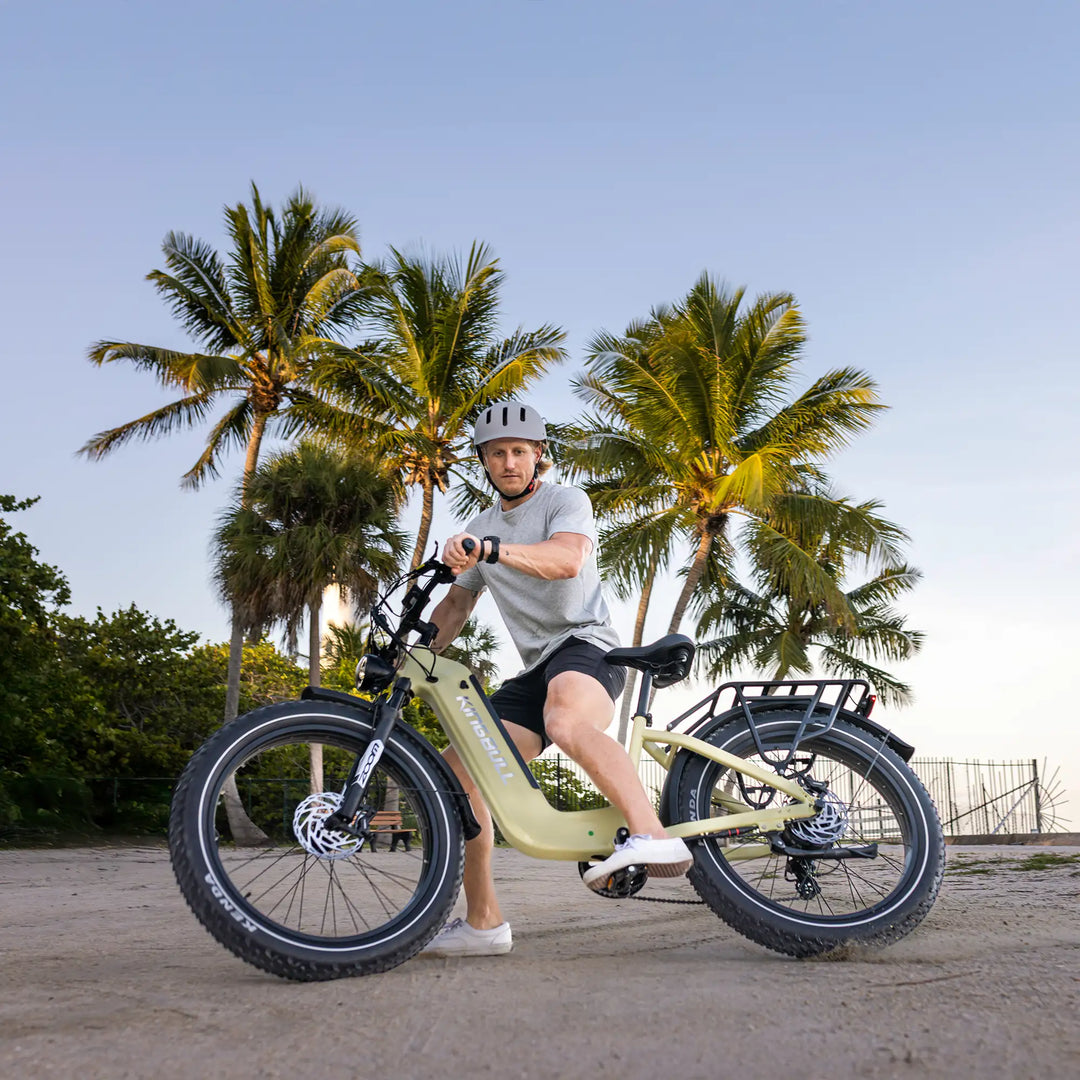 A man is showing a rapid turn of the electric bike trekker