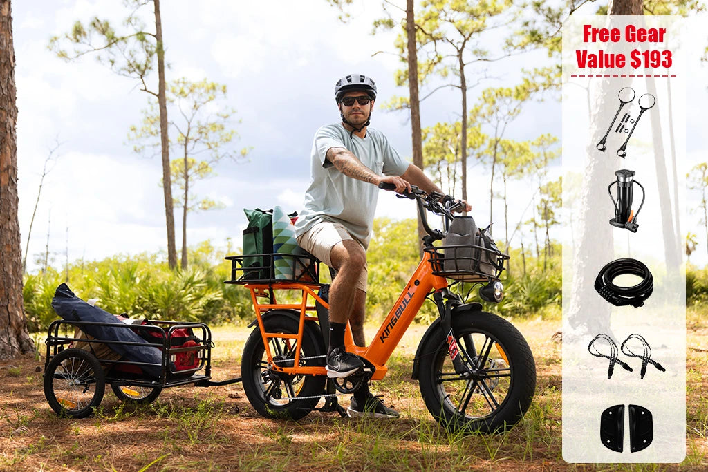 Kingbull Voyager 2.0 Electric bike promotion - Man with orange e-bike and cargo trailer in wooded area with free gear worth $193 including mirrors, pump, lock, straps, and fenders