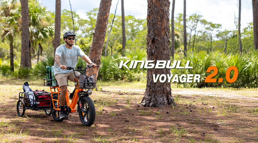 Man dragging items on electric bike with kingbull voyager2.0 written on the right