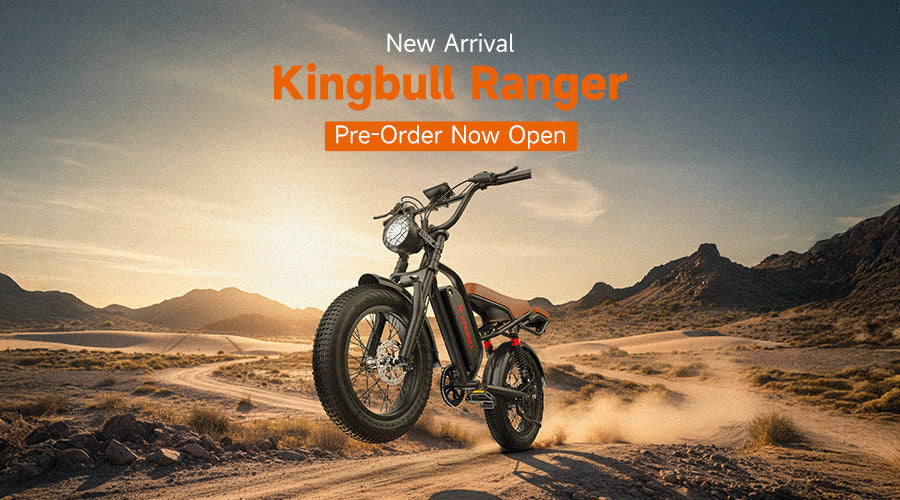 Kingbull Ranger retro moped-style ebike with full suspension riding on off-road gravel trail