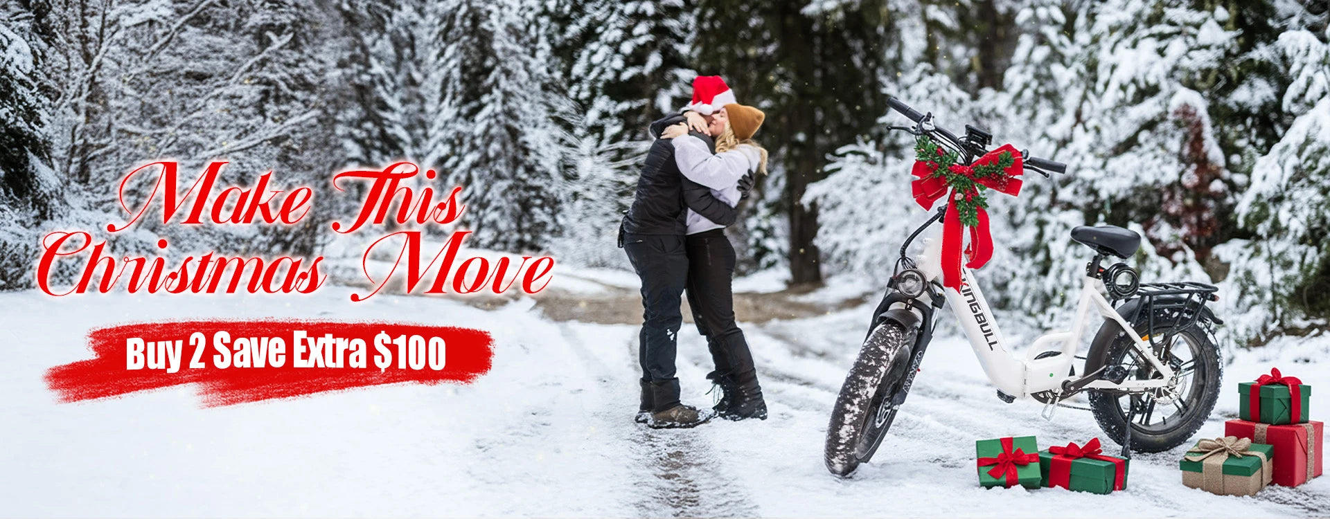 Romantic Christmas gift - Couple with Kingbull Literider 2.0 electric bike in snowy forest, buy 2 save extra $100