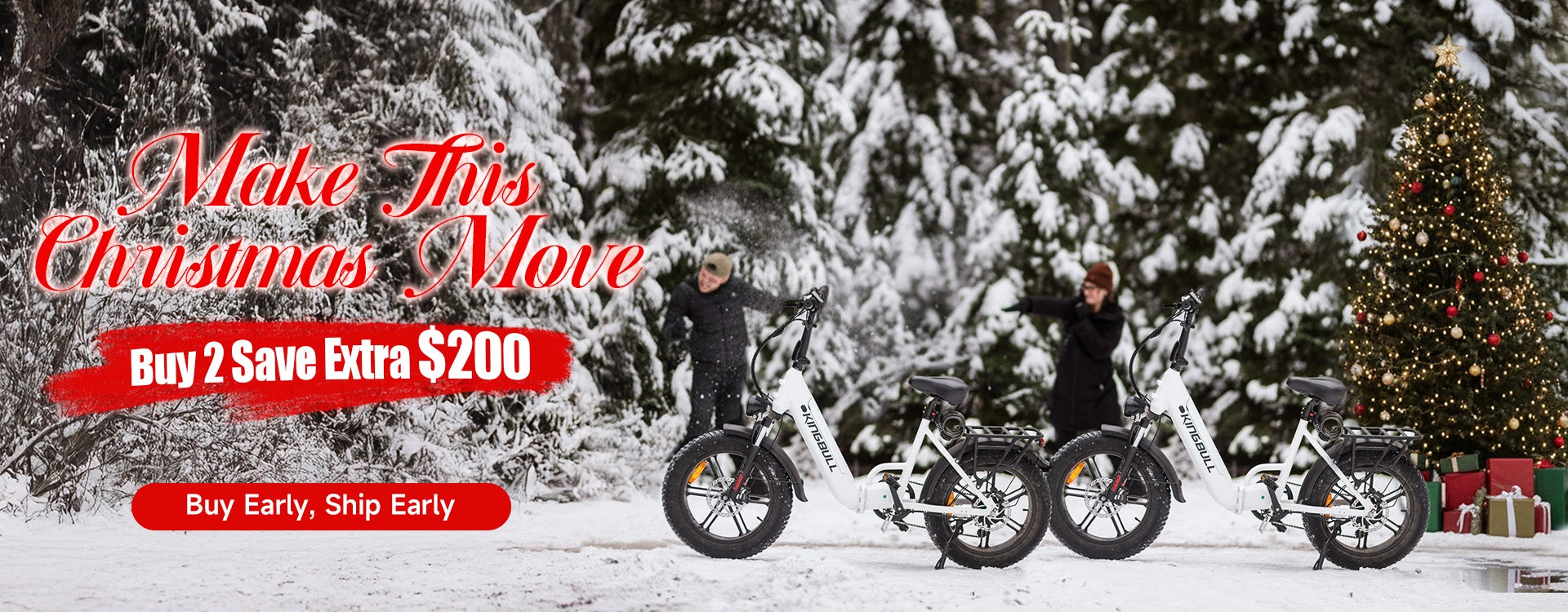 Two people with Kingbull White Literider 2.0 electric bikes in a snowy landscape with promotion buy 2 save extra $200.