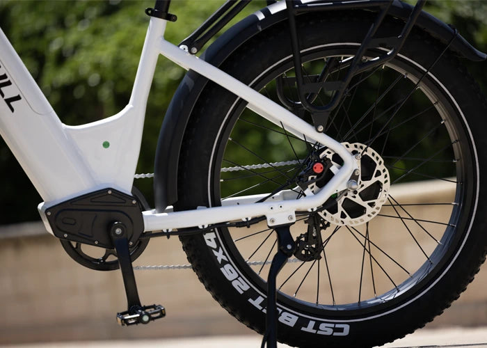 Close-up of Kingbull electric bike rear wheel showing hydraulic disc brake system and motor hub