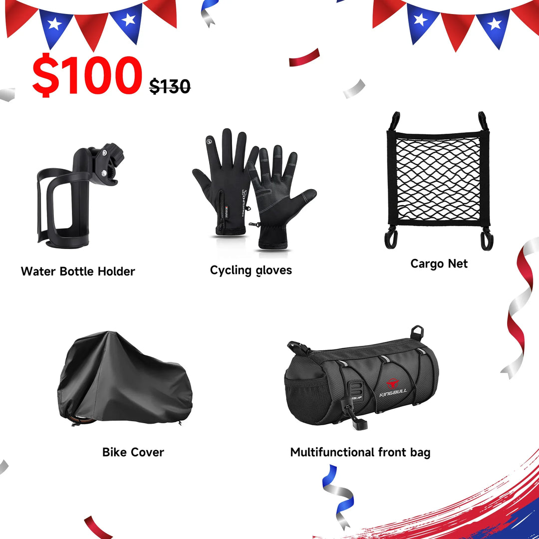 Bundle of bike accessories including a water bottle holder, cycling gloves, cargo net, bike cover, and multifunctional front bag.