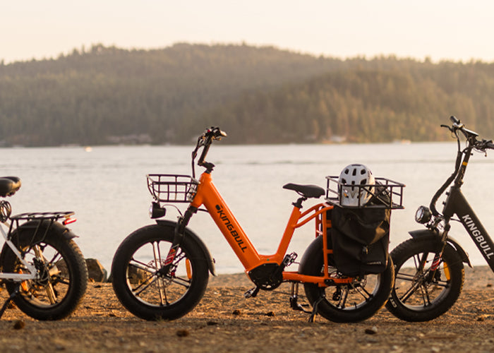 Orange freight electric bicycle equipped with front and rear baskets and saddle bags



