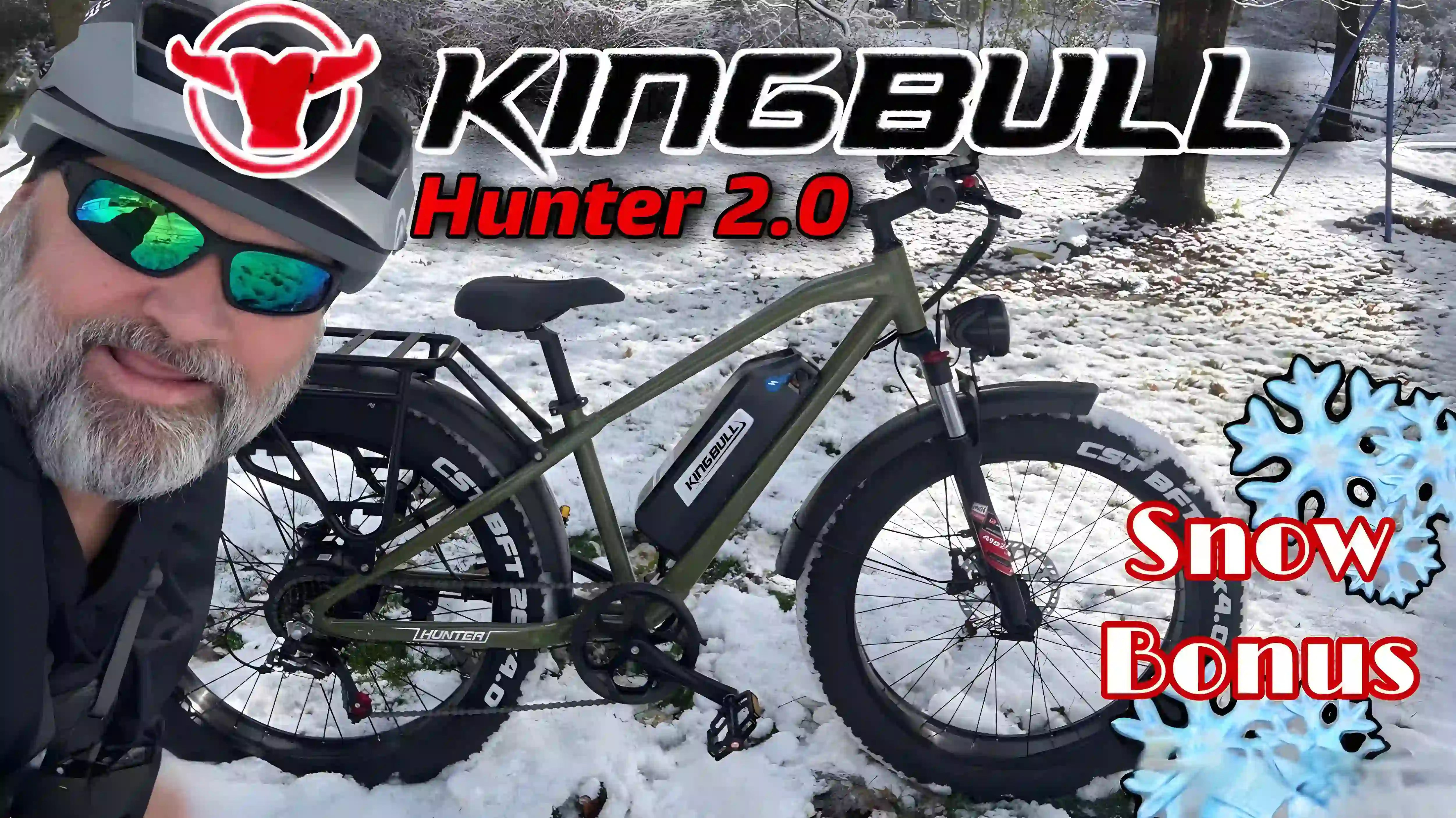 Man showcasing KINGBULL Hunter 2.0 electric fat tire bike on snowy trail, demonstrating winter riding capabilities