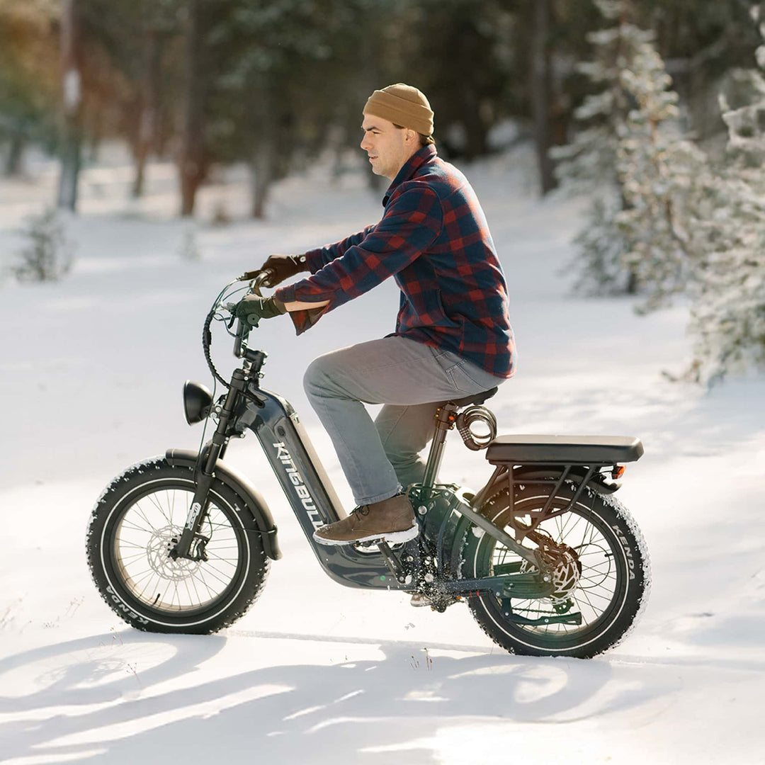 This high-powered Kingbull ebike effortlessly glides through deep snow, equipped with professional-grade hydraulic braking for maximum safety on challenging winter terrain. Combining stylish design with unparalleled snowy performance, the Kingbull Jumper Go Fat Tire Electric bike is your ideal adventure companion.