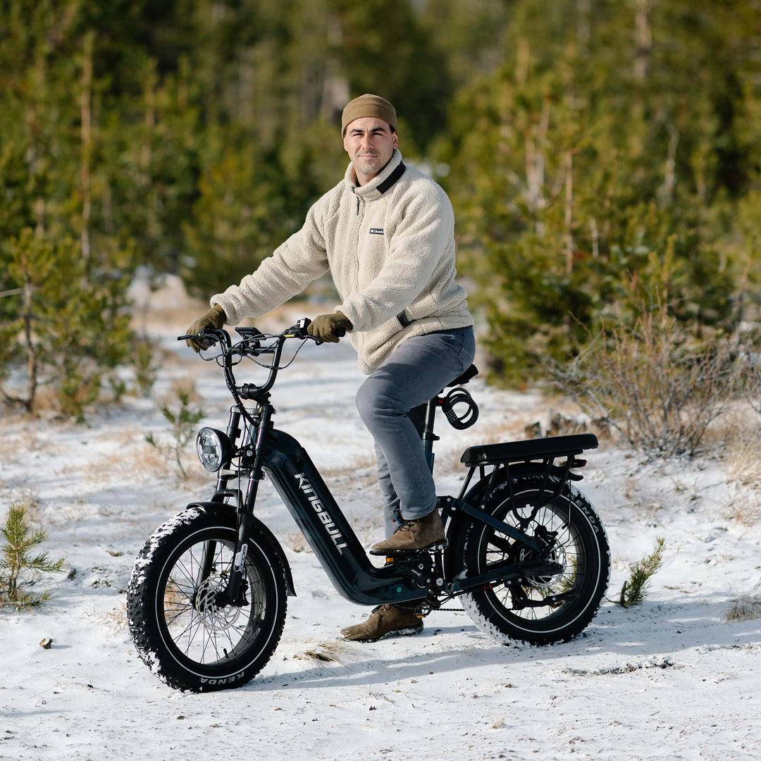The Kingbull Jumper Go Electric Bike conquers winter trails with superior traction, featuring snow-ready fat tires built for icy conditions. Its comfortable seat and rugged frame make it the ultimate all-terrain winter ebike for outdoor enthusiasts.