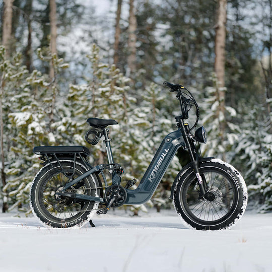 Explore the robust design of the Kingbull Jumper Go in a snow-covered forest, optimized with an integrated frame and advanced suspension for exceptional snow biking performance. The long-range battery and powerful motor guarantee a reliable and durable electric outdoor ride in cold climates.