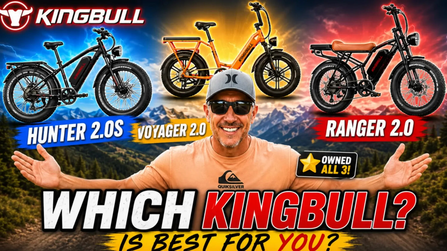Promotional image of KingBull electric bikes with a person in the center asking 'Which KingBull? Is best for you?'