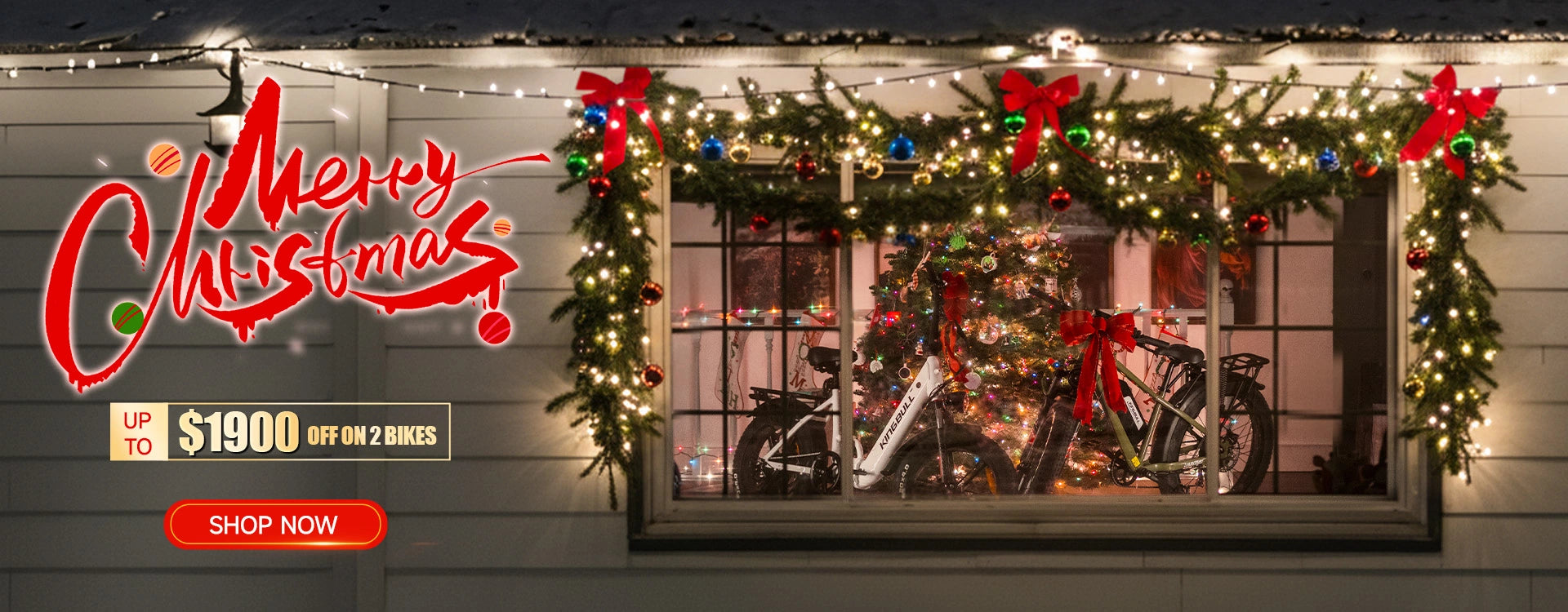 Christmas Sale - Kingbull Literider 2.0 and Hunter 2.0 Bikes storefront decorated with festive lights and garland, featuring two bikes with red bows, up to $1900 off on 2 bikes