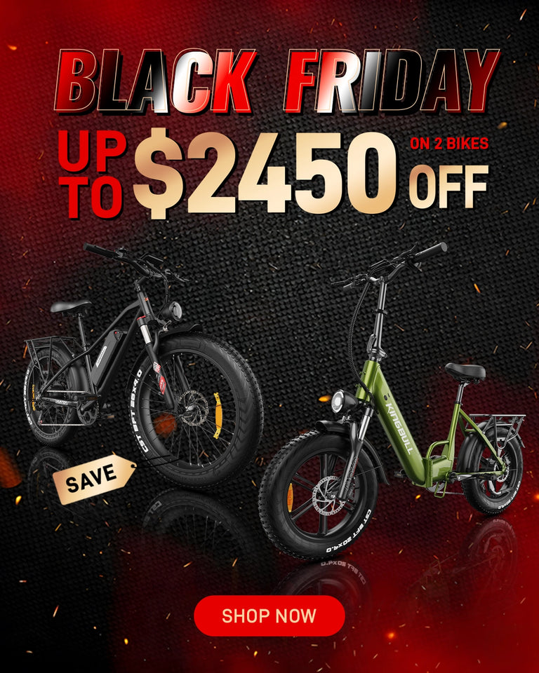 Black Friday Sale - Save up to $2450 off on 2 bikes - Kingbull Bikes promotional banner featuring electric bikes