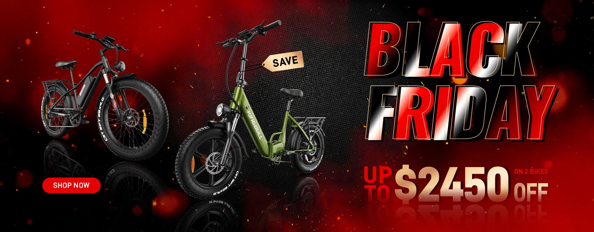 Black Friday Sale - Save up to $2450 off on 2 bikes - Kingbull Bikes promotional banner featuring electric bikes