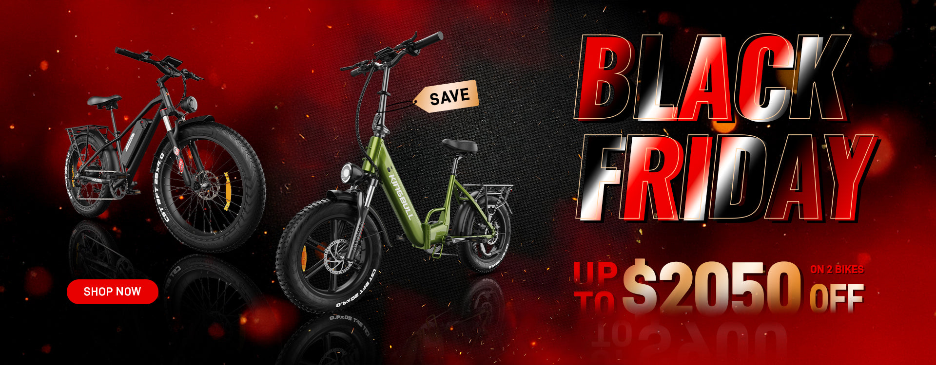 Black Friday Sale - Save up to $2050 off on bikes - Kingbull Bikes promotional banner featuring electric bikes