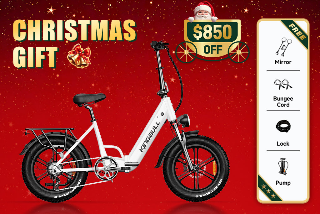Christmas gift promotion - Kingbull white Literider 2.0 electric bike with $850 off, includes free mirror, bungee cord, lock and pump accessories
