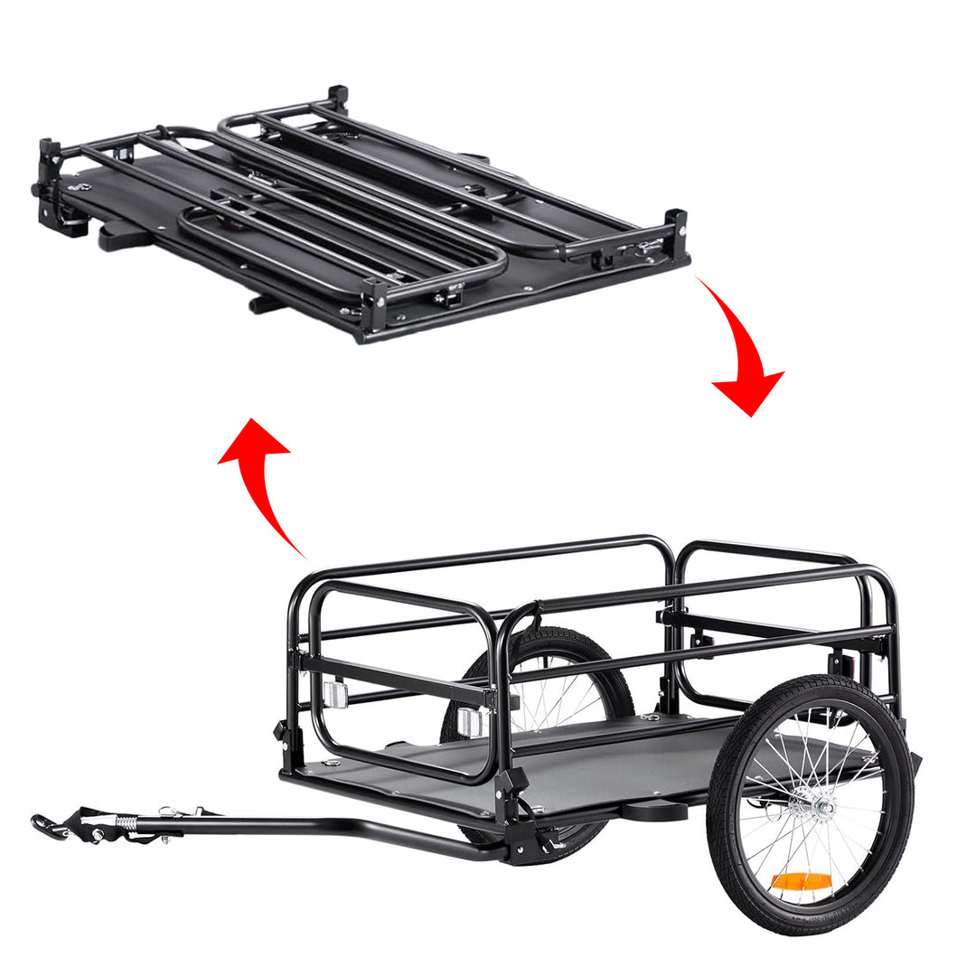 Foldable bike cargo trailer with black steel frame - showing folded and assembled states with red arrows, features two wheels and spacious cargo bed for transporting goods