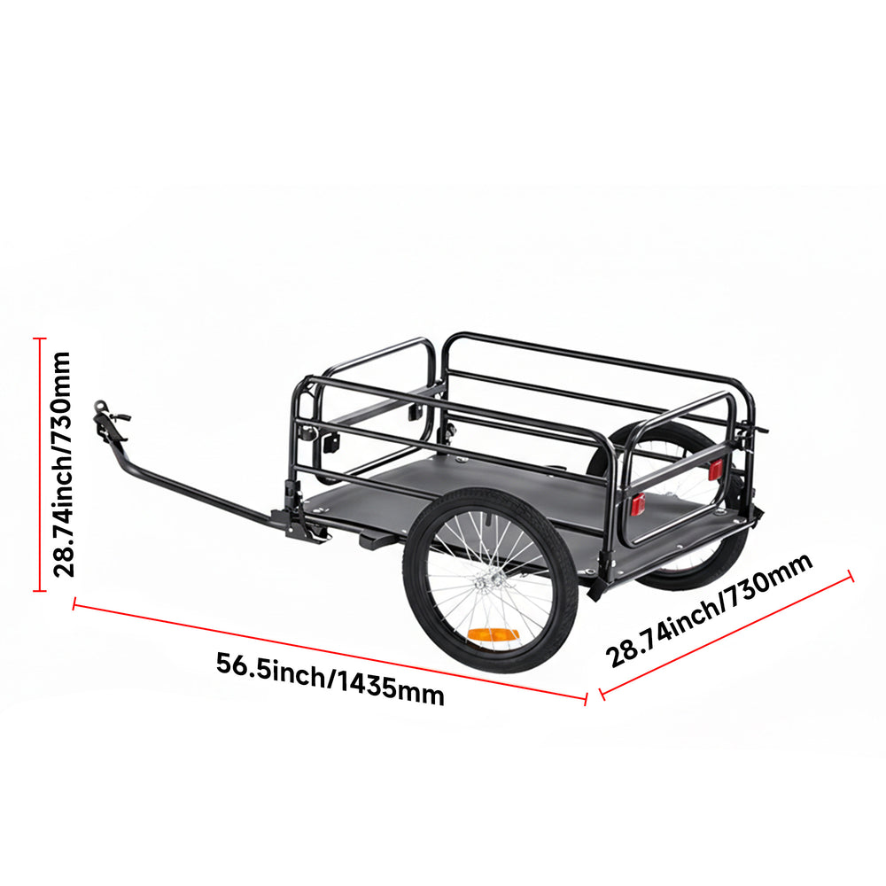 Bike cargo trailer dimensions diagram - 56.5 inch length (1435mm), 28.74 inch height (730mm), and 28.74 inch width (730mm) with labeled measurements in red