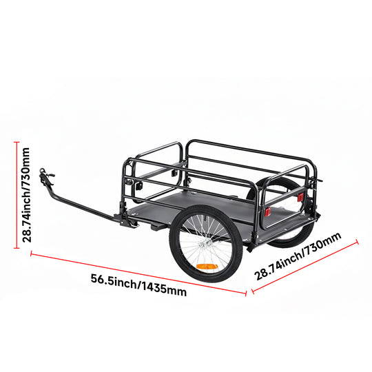 Bike cargo trailer dimensions diagram - 56.5 inch length (1435mm), 28.74 inch height (730mm), and 28.74 inch width (730mm) with labeled measurements in red
