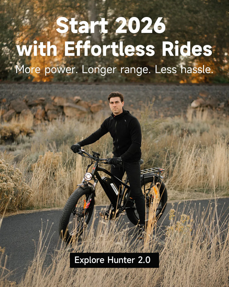 Man riding Kingbull Hunter 2.0 black bike electric mountain e-bike on a country road – Make every ride effortless in 2026