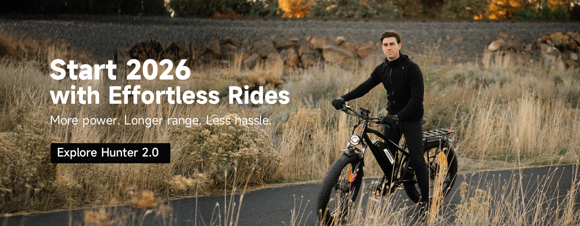 Man riding Kingbull black Hunter 2.0 e-bike on country road - Make every ride effortless in 2026