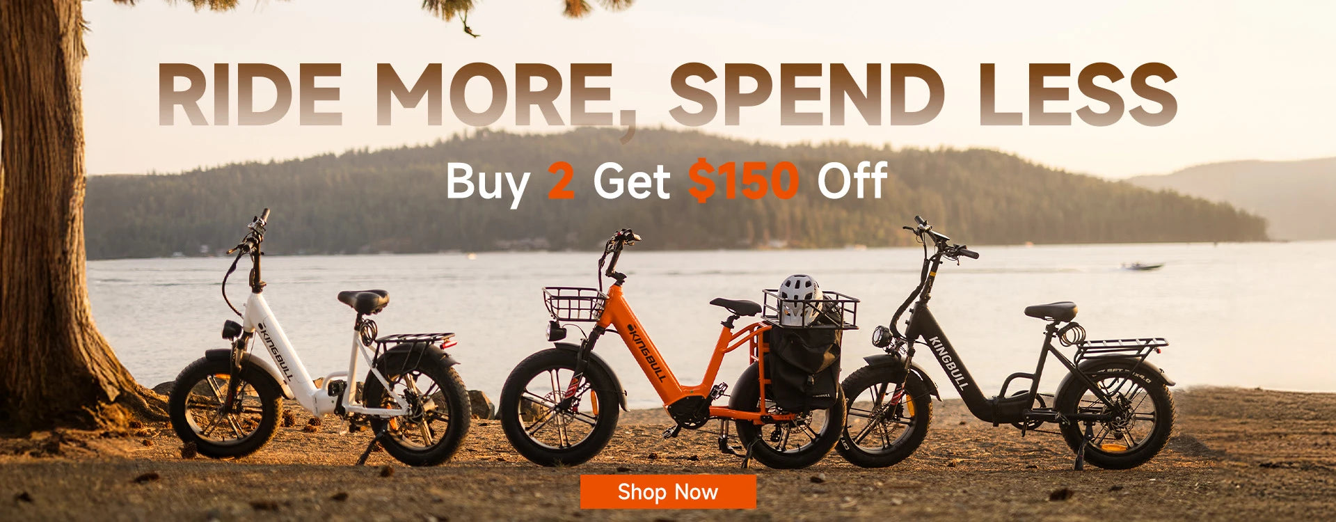 Kingbull electric bikes lineup at scenic lake - Ride more spend less Buy 2 Get $150 Off
