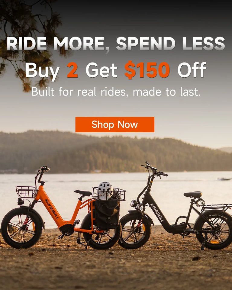 Kingbull electric bikes lineup at scenic lake - Ride more spend less Buy 2 Get $150 Off