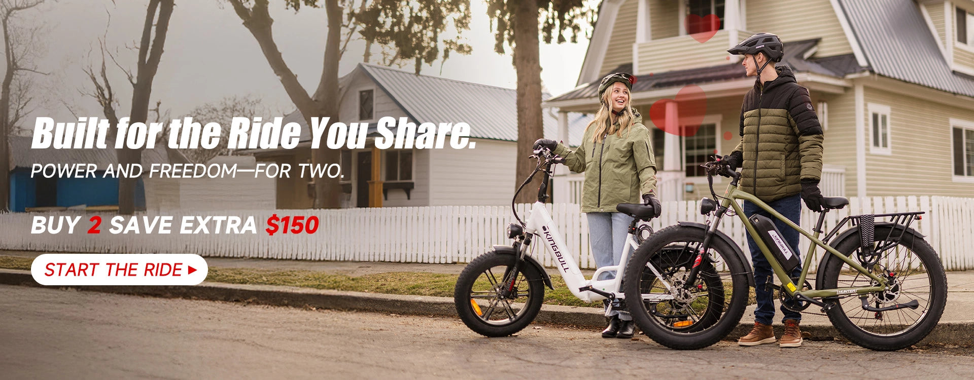 Couple riding electric bikes together on Valentine's Day - Buy 2 Save $150 romantic gift idea for Kingbull e-bikes
