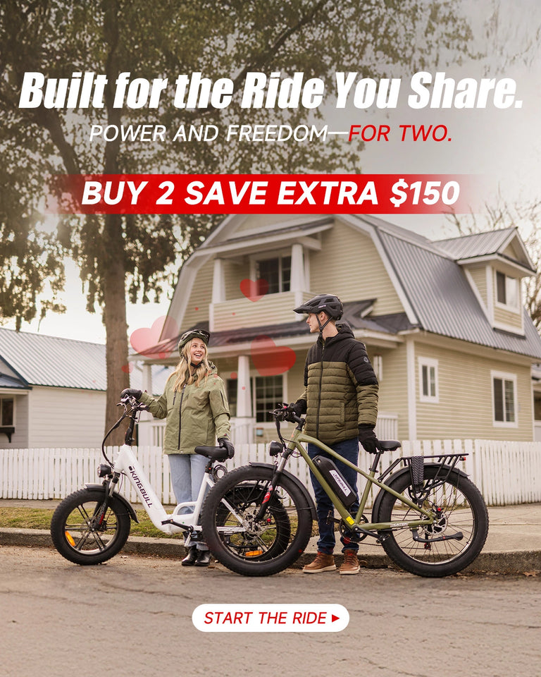 Couple riding electric bikes together on Valentine's Day - Buy 2 Save $150 romantic gift idea for Kingbull e-bikes