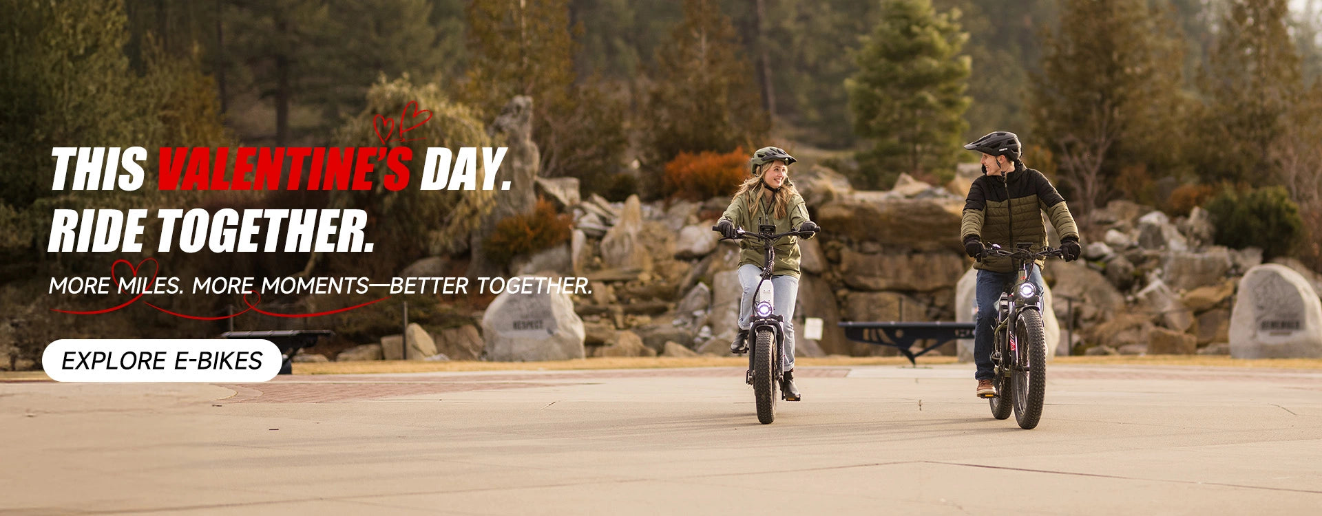 Valentine's Day couple riding electric bikes together - More miles more moments better together on Kingbull e-bikes