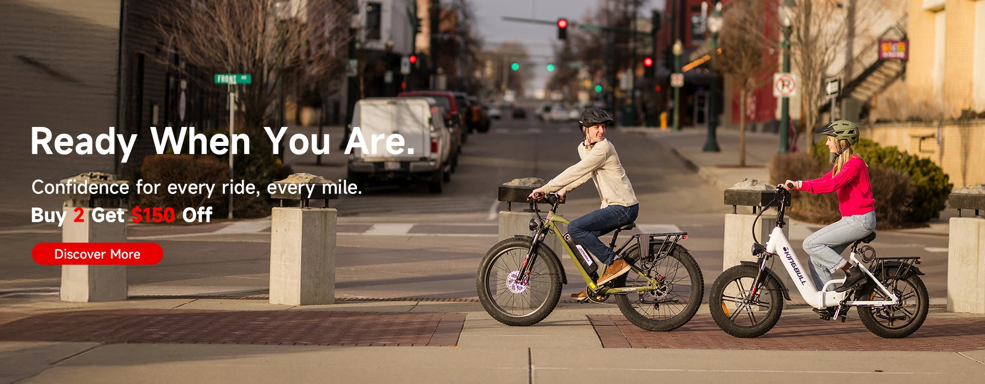 Kingbull Hunter 2.0 and Literider 2.0 electric bikes city riding scene - Buy 2 Get $150 Off promotional offer