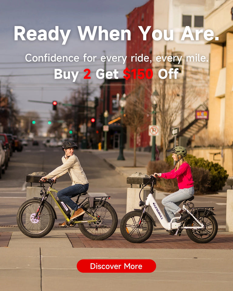 Kingbull Hunter 2.0 and Literider 2.0 electric bikes city riding scene - Buy 2 Get $150 Off promotional offer