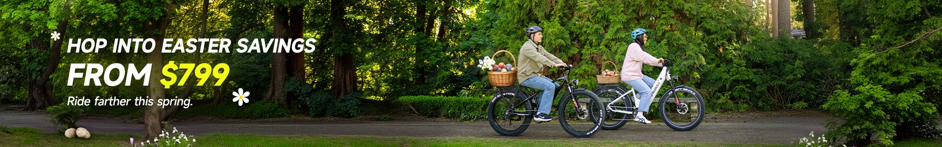 Couple riding Kingbull Hunter 2.0 and Kingbull Discover ST 2.0 fat tire electric bikes with Easter baskets in a lush green park — Easter sale starting from $799