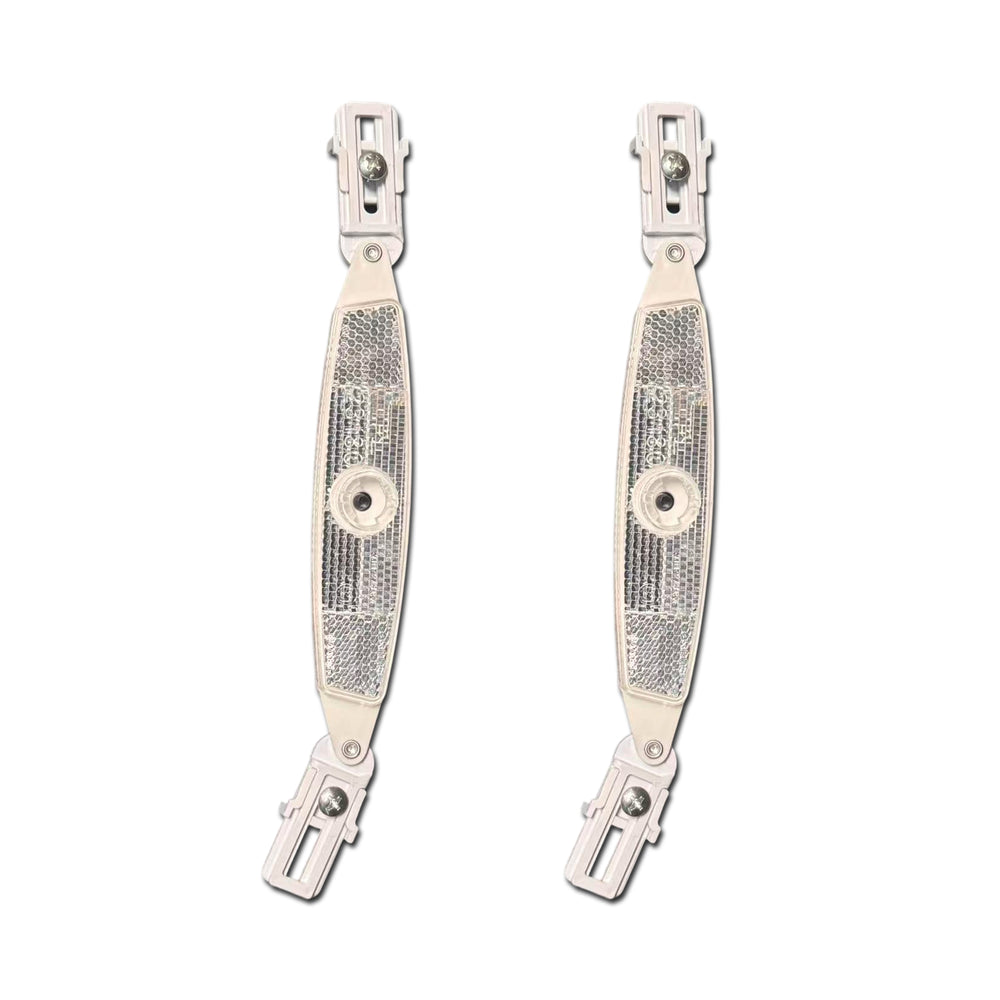 Two white reflective straps with metal clips on a white background