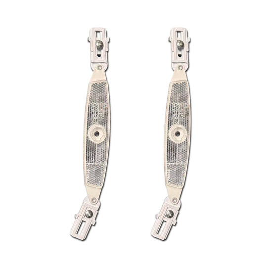 Two white reflective straps with metal clips on a white background