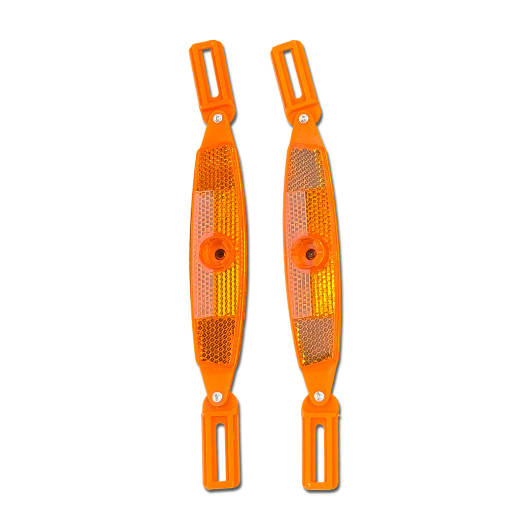 Two orange reflective straps with metal clips on a white background
