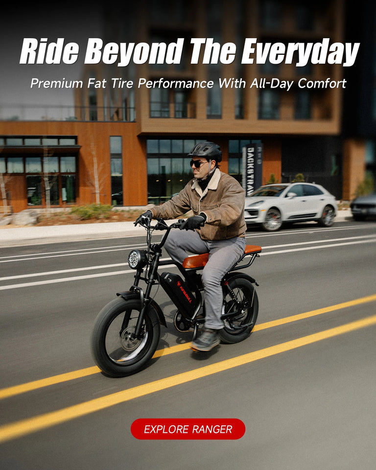 Person riding Kingbull Ranger Vintage electric bike on a road with promotional text about premium fat tire performance.