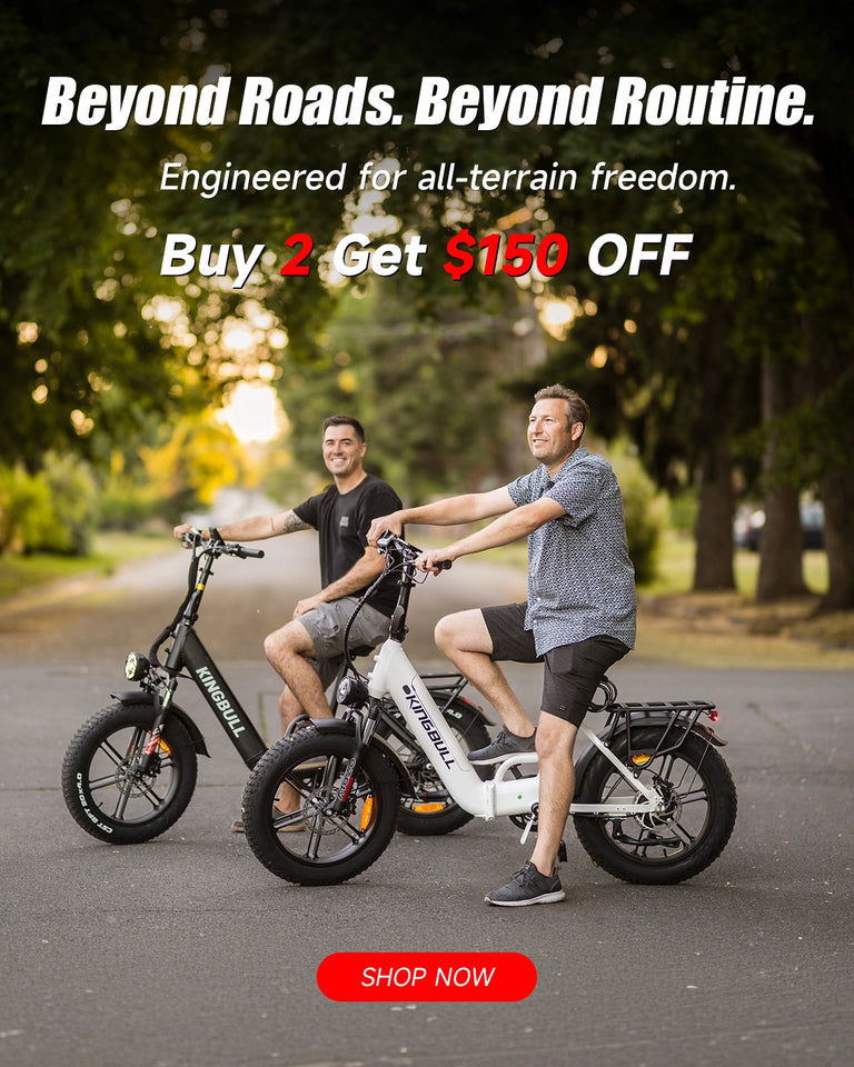 Two men riding Black and white Kingbull Literider 2.0 electric bikes on a path with promotional text about electric bikes - Buy 2 get $150 off