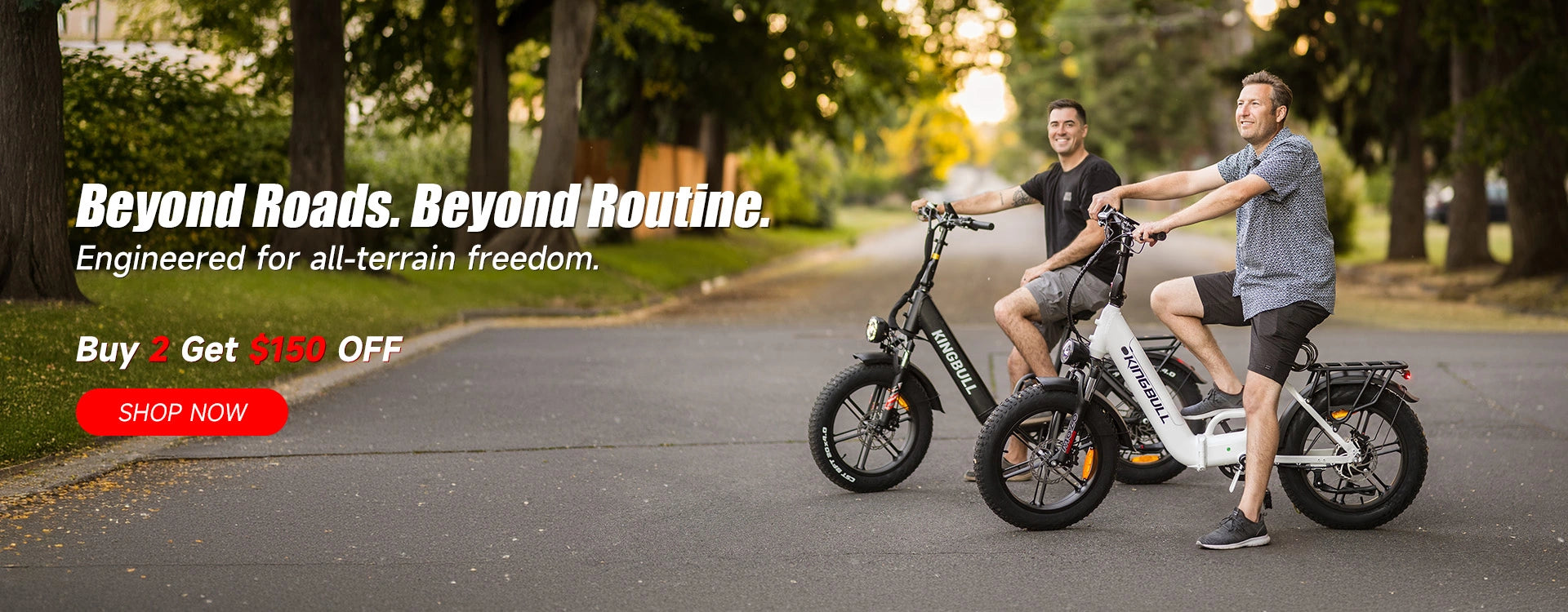 Two men riding Black and white Kingbull Literider 2.0 electric bikes on a path with promotional text about electric bikes - Buy 2 get $150 off