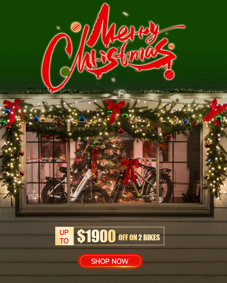 Christmas Sale - Kingbull Literider 2.0 and Hunter 2.0 Bikes storefront decorated with festive lights and garland, featuring two bikes with red bows, up to $1900 off on 2 bikes