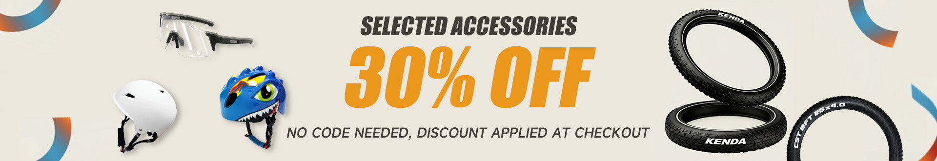Promotional banner with ebike accessories and a 30% off discount offer.