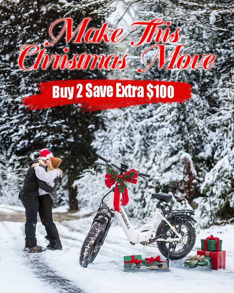 Romantic Christmas gift - Couple with Kingbull Literider 2.0 electric bike in snowy forest, buy 2 save extra $100