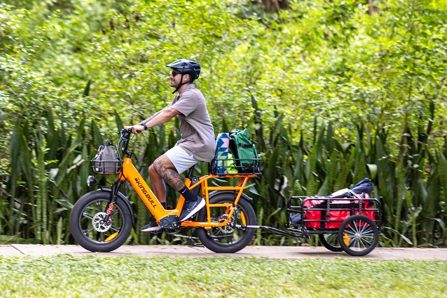 The man used the kingbull dual-battery freight electric bicycle voyager 2.0 with front and rear baskets and trailer to load a lot of items.