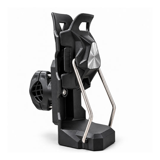 Automatic-locking bike cup holder with 360° rotation and adjustable mounting clamp on a white background.