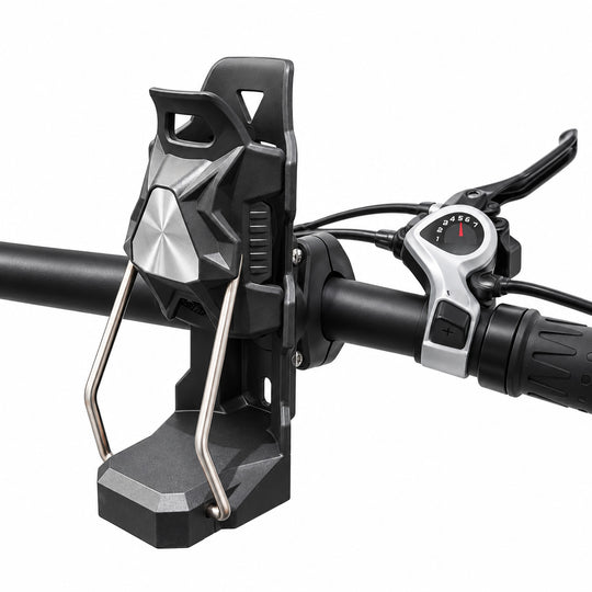 Automatic-locking bike cup holder installed on an e-bike, showing its position and use while riding.