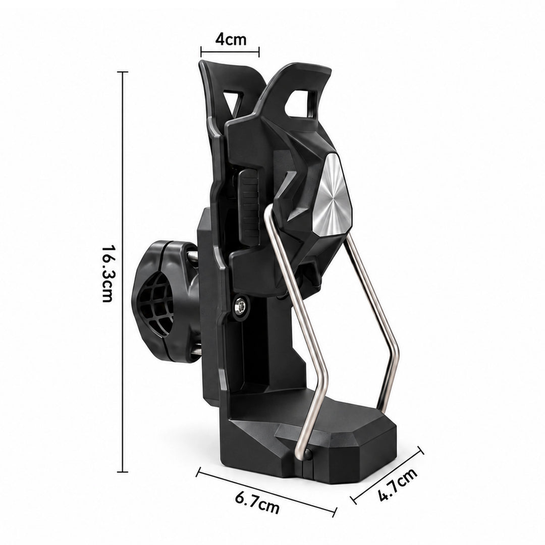 Bike cup holder specifications showing dimensions, adjustable clamp.