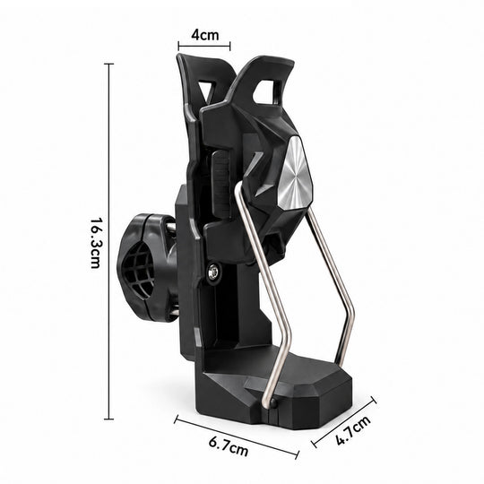 Bike cup holder specifications showing dimensions, adjustable clamp.